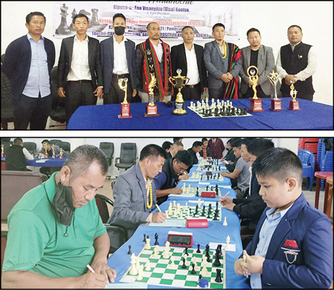 (Top) Visanyüzo Kuotsu and others during the inaugural function. (Bottom) Players at the 2nd Kohima District Chess Championship 2021 in Kohima on October 28. (Morung Photo)